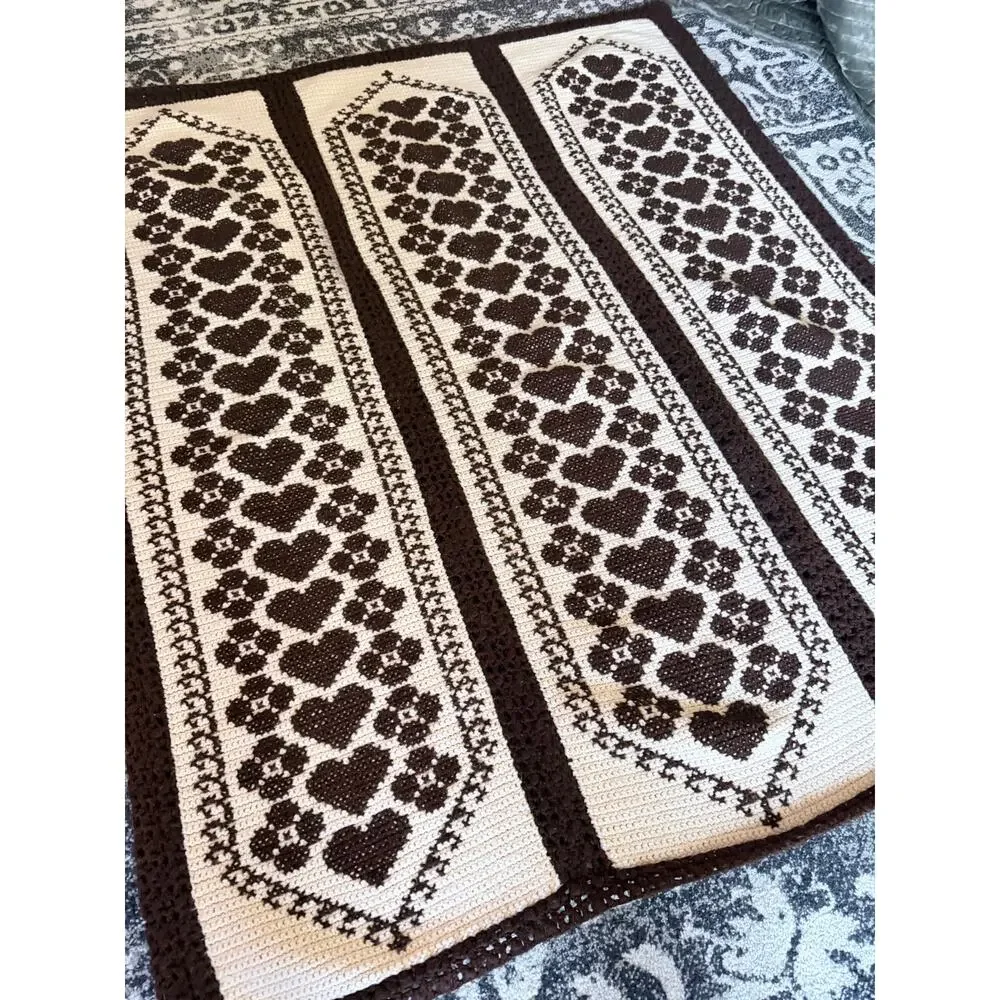 Handmade Vintage Heart & Flowers Motif Crochet Cream & Brown Throw Blanket 54x45